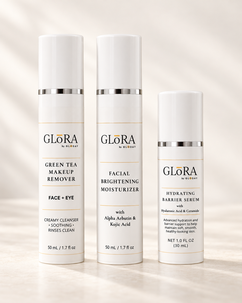 GLORA Complete Glow Collection with makeup remover, hydrating serum, and brightening moisturizer