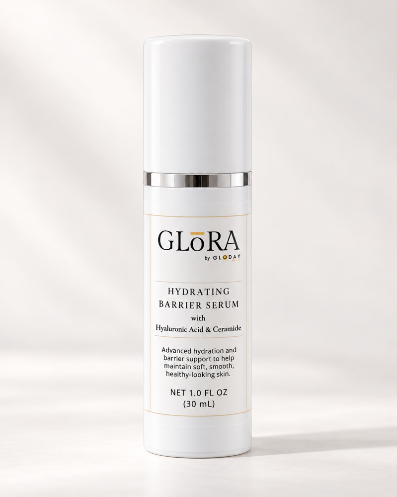 GLORA Hydrating Barrier Serum, 30 mL, in an ivory airless pump bottle