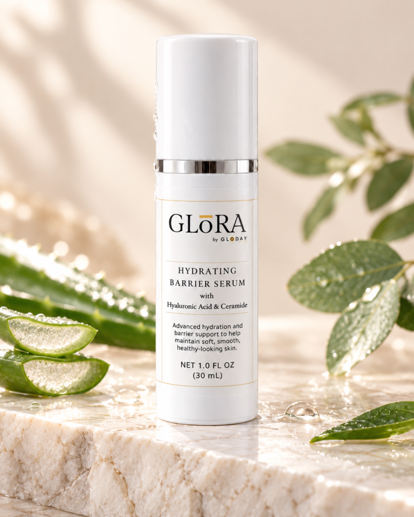 GLORA Hydrating Barrier Serum, 30 mL, styled with aloe and botanical leaves
